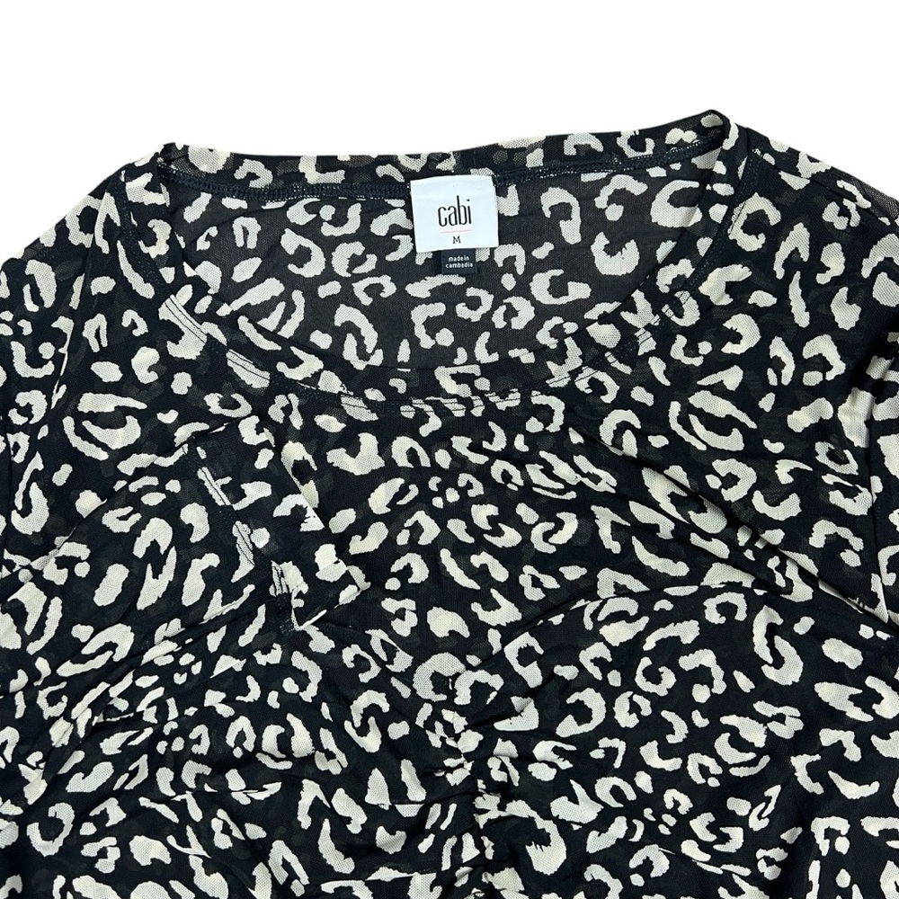 Cabi Blouse Womenβs Medium Top Blackβ Ivory Leopard Animal Print Style 4163